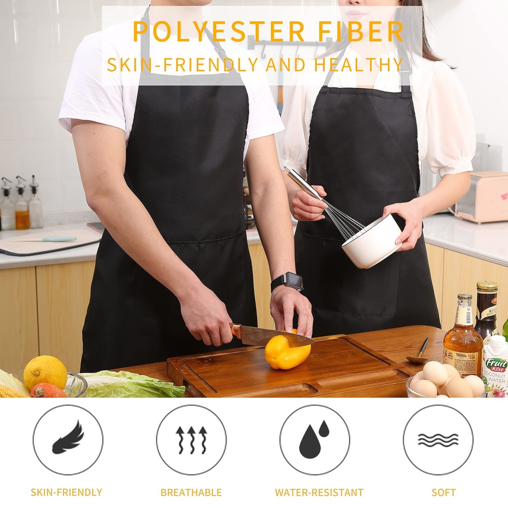 Adjustable Bib Aprons Water Resistant with 2 Pockets Black 2 Pack