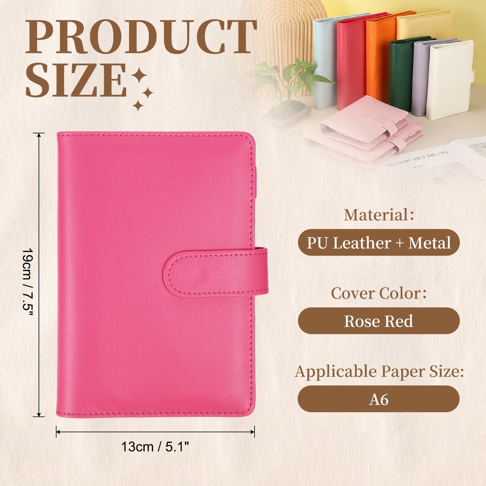 A6 PU Leather Binder Protector, 6 Ring Loose Leaf Notebook Shell, Rose Red