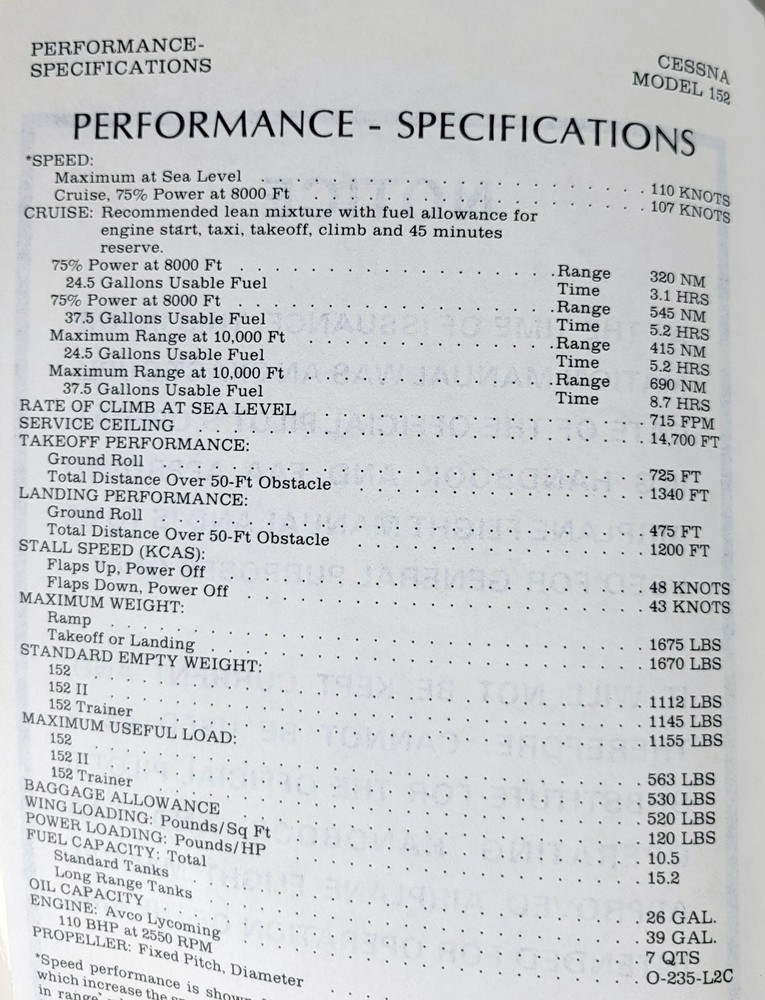 1982 Cessna Model 152 Information Manual - Very Good Condition