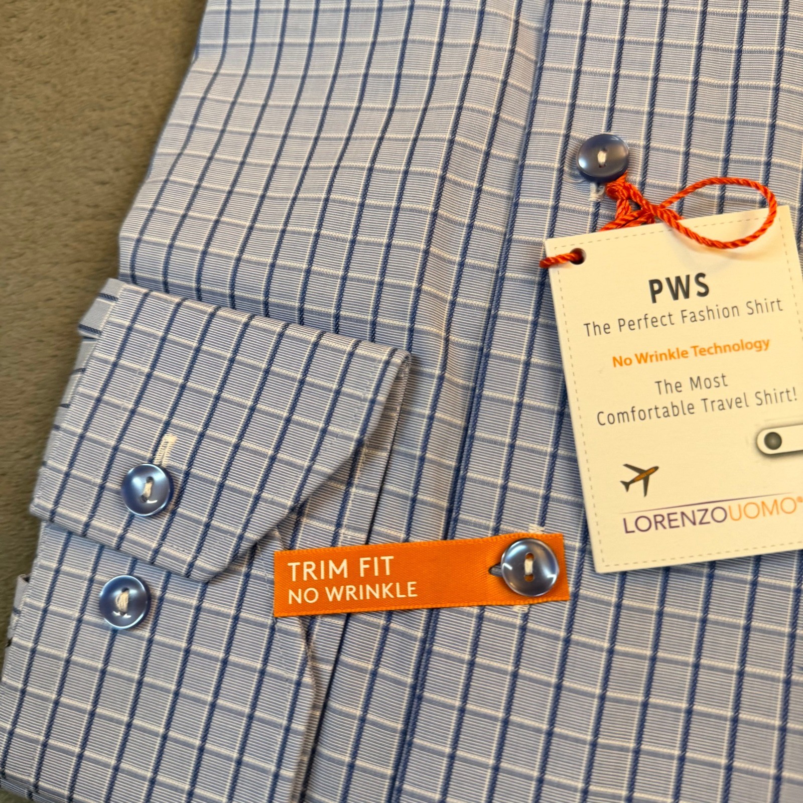 Lorenzo Uomo Trim Fit No Wrinkle Blue Check Dress Shirt Mens 15.5 34/35 PWS NEW