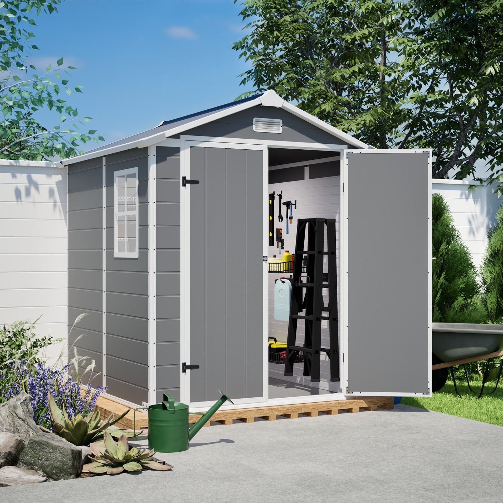 6x6FT Outdoor Resin Storage Shed w/Lockable Doors Plastic Shed w/Floor &Window