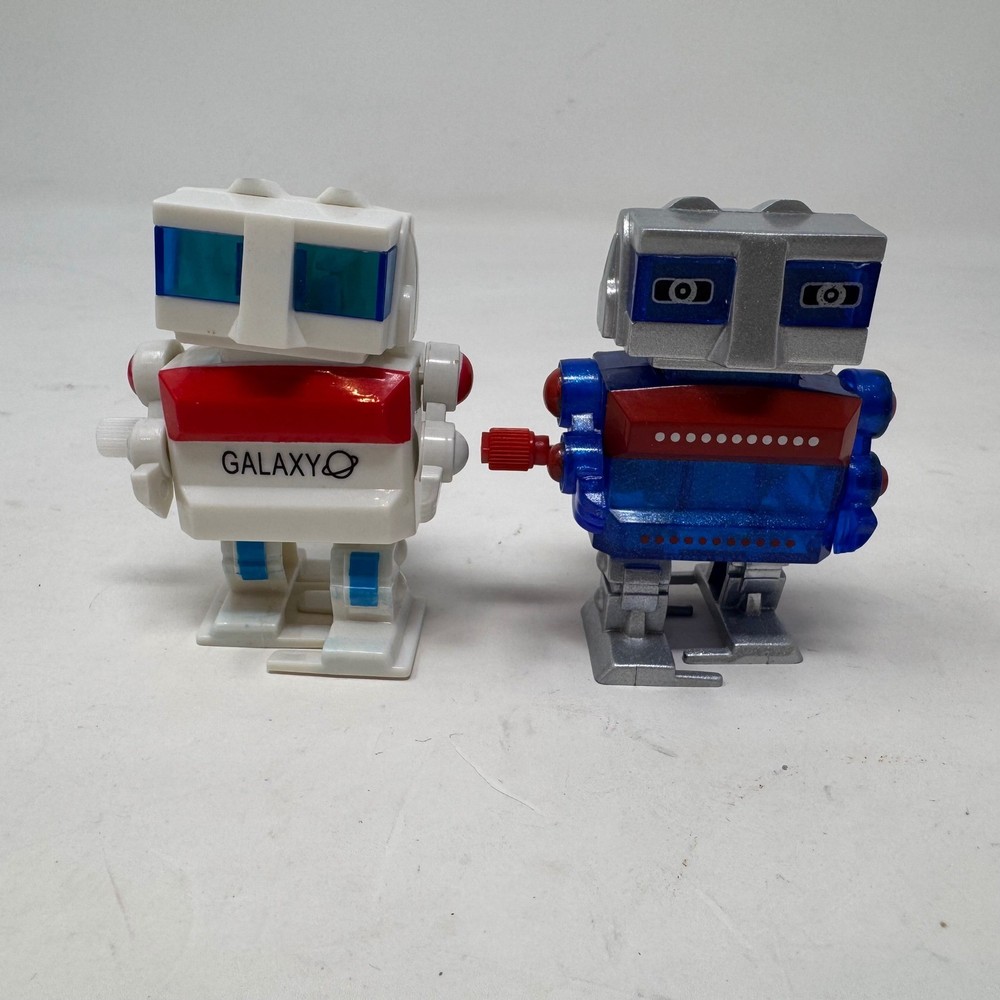 Galaxy Wind Up Walking Robot Toy Set Blue Silver White Red Retro Plastic Hans