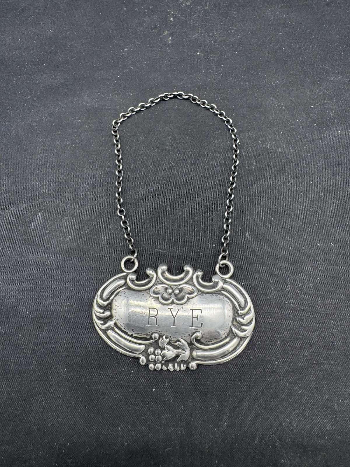 Vintage Sterling Silver DECANTER Liquor Bottle Tag Label "RYE"