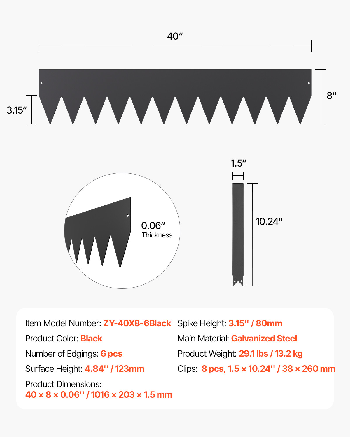 VEVOR Steel Landscape Edging 6 Packs 40 x 8in Rust-Resistant Garden Edging