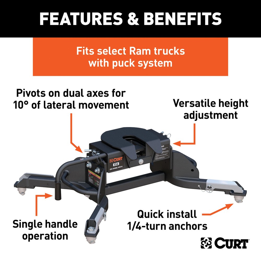 Curt E16 5th Wheel Hitch, Select Ram 2500, 3500, 8' Bed Puck System