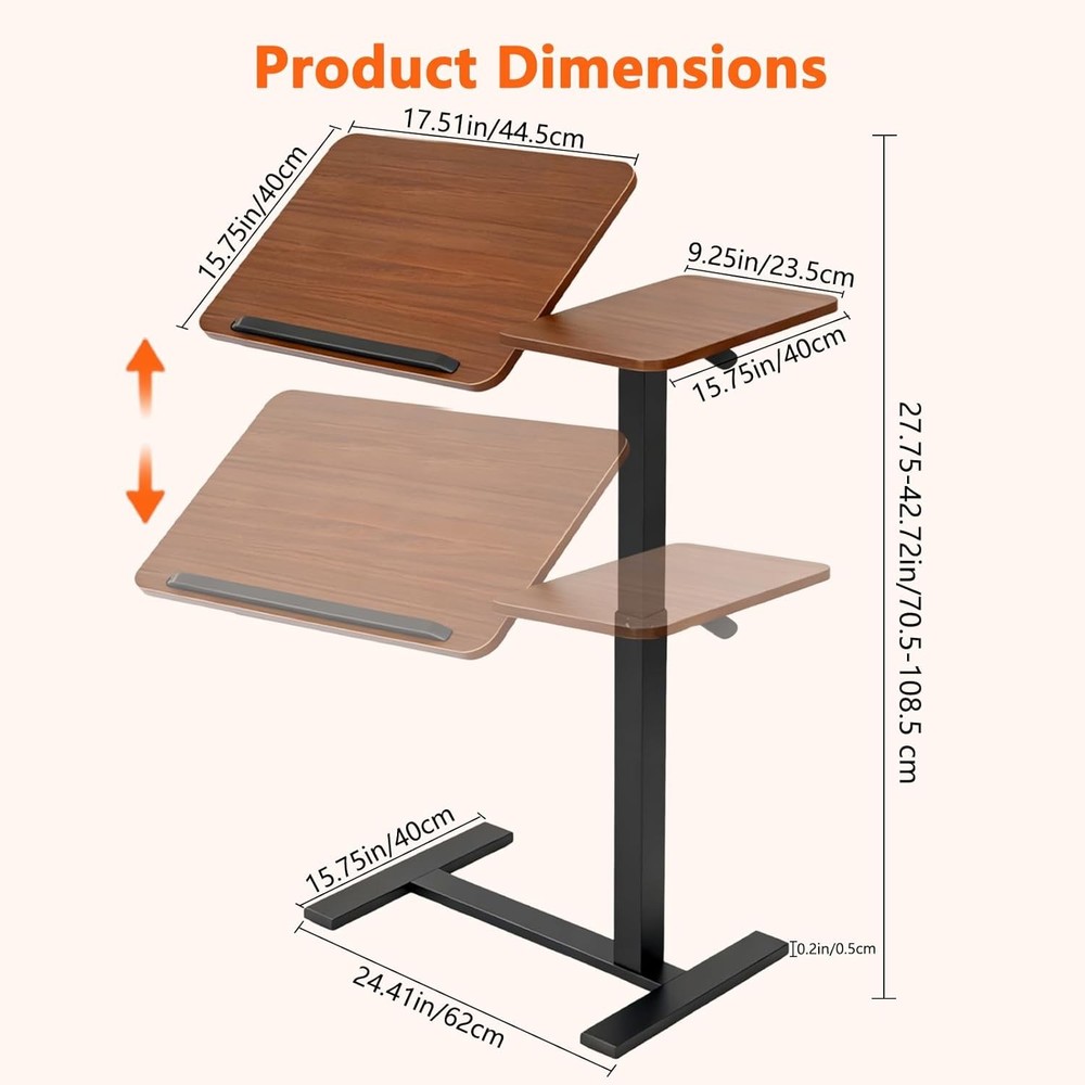 Overbed Bedside Table W/ Wheels Pneumatic Adjustable Rolling Laptop