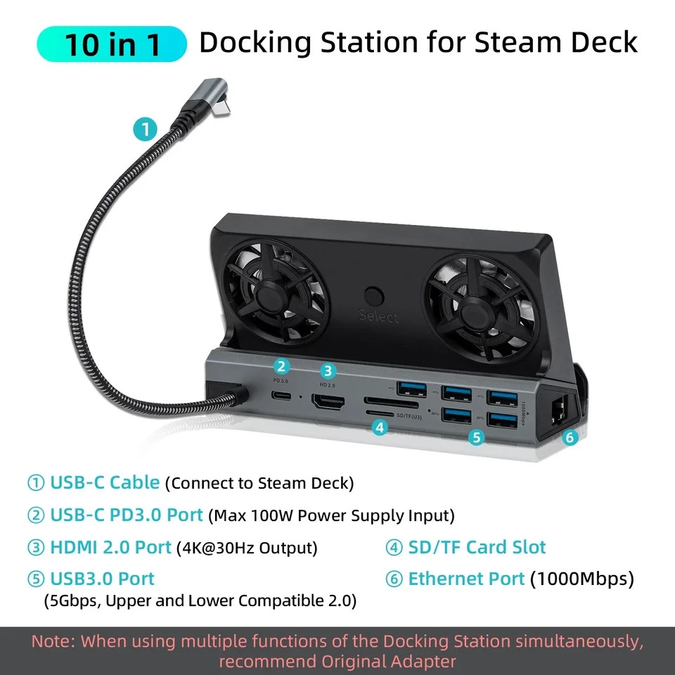 10 in 1 Docking Station with Dual Cooling Fan for Steam Deck-Gray