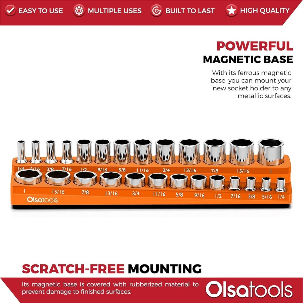 Secure Magnetic Socket Organizer for 3/8-Inch Deep & Shallow Sockets - Orange