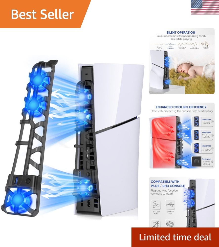 Enhanced PS5 Slim Cooling Fan - LED Light, Auto Memory Function, Compact Design
