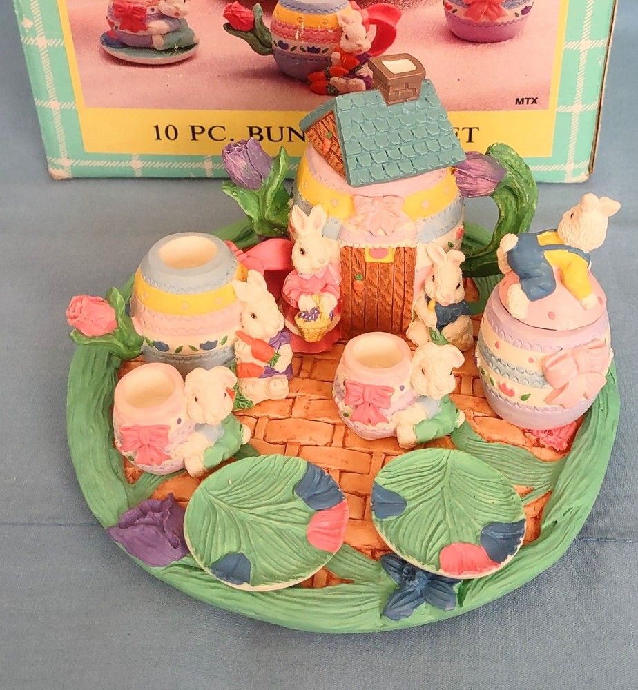VTG Easter Bunny Miniature Ceramic Tea Set 10 Piece Spring Decor