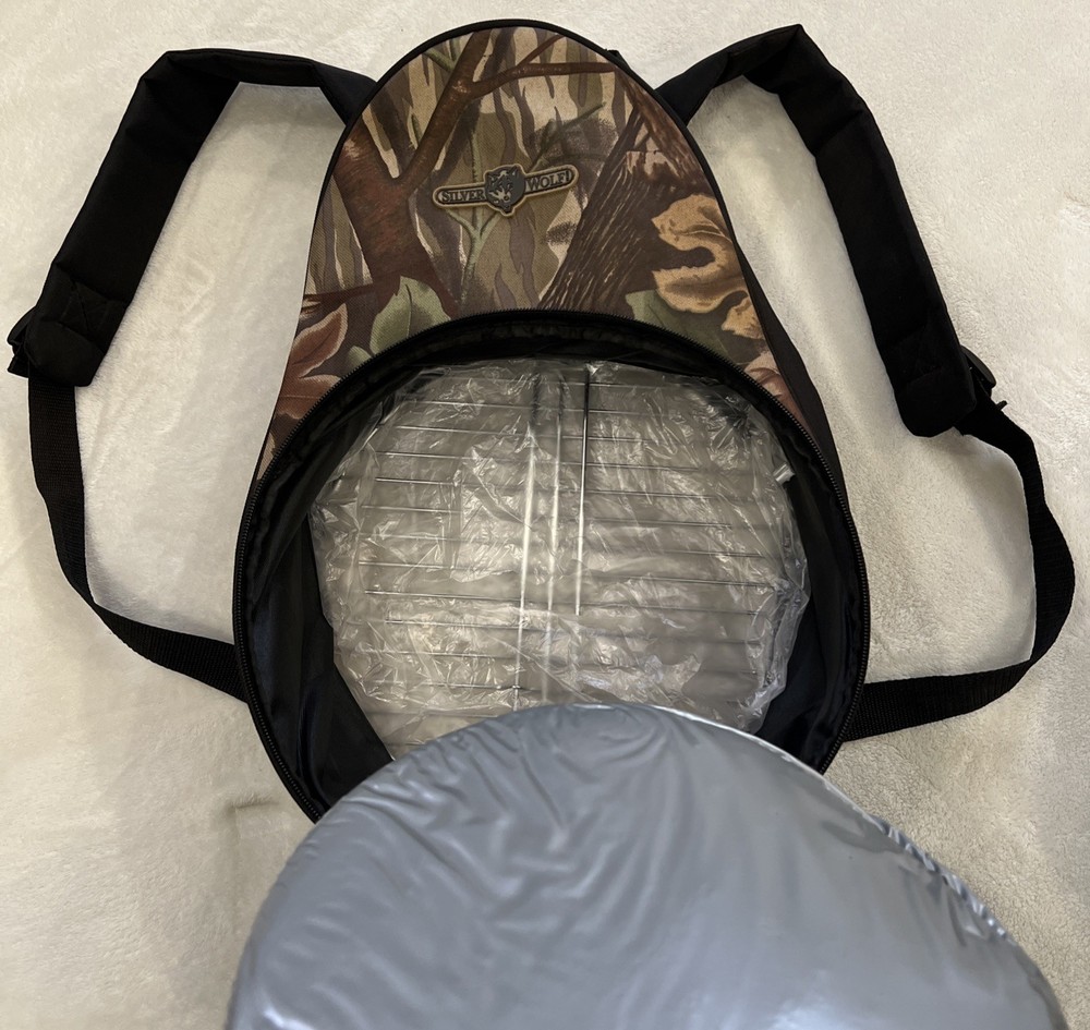 Silver Wolf Camo Camping Backpack With Round Grill/Cooler Combo