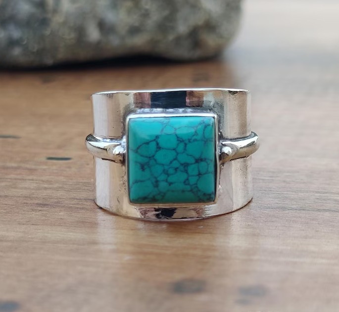 Solid 925 Sterling Silver Natural Turquoise Square Gemstone Wide Band Boho Ring