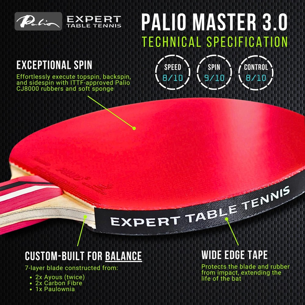 Palio Master 3.0 Table Tennis Racket & Case - ITTF Approved Intermediate Ping