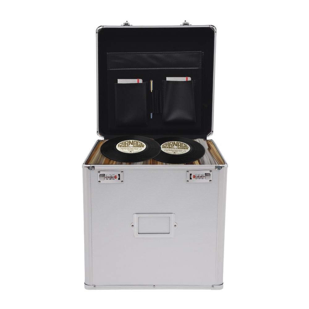Vinyl Record Storage Box with Combination Lock for 50 Records, Silver