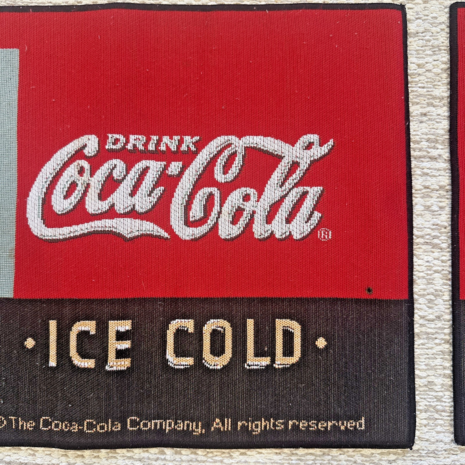 Drink Coca Cola Ice Cold Set of 4 Cloth Table Placemats Red Vtg Coke Ad ~18”x13”