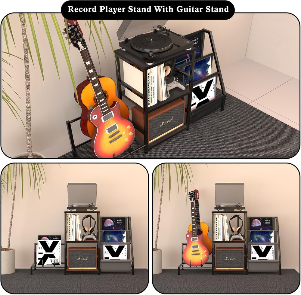 Record Player Stand Guitar Stand & Record Player Table - 3-Tier Vinyl Record Sto