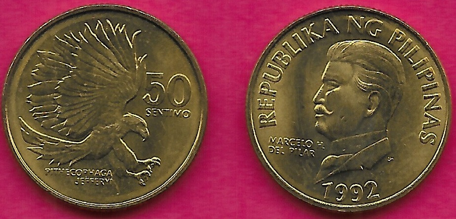PHILIPPINES 50 SENTIMOS 1992 UNC MONKEY EATING EAGLE ATTACKING,PITHECOPHAGA,MARC
