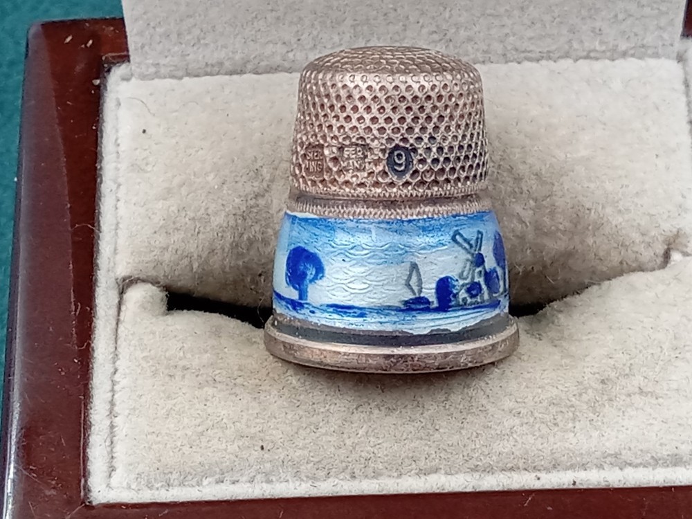 Germany Sterling Silver Pre WW2 Enamel Windmill Scene Thimble