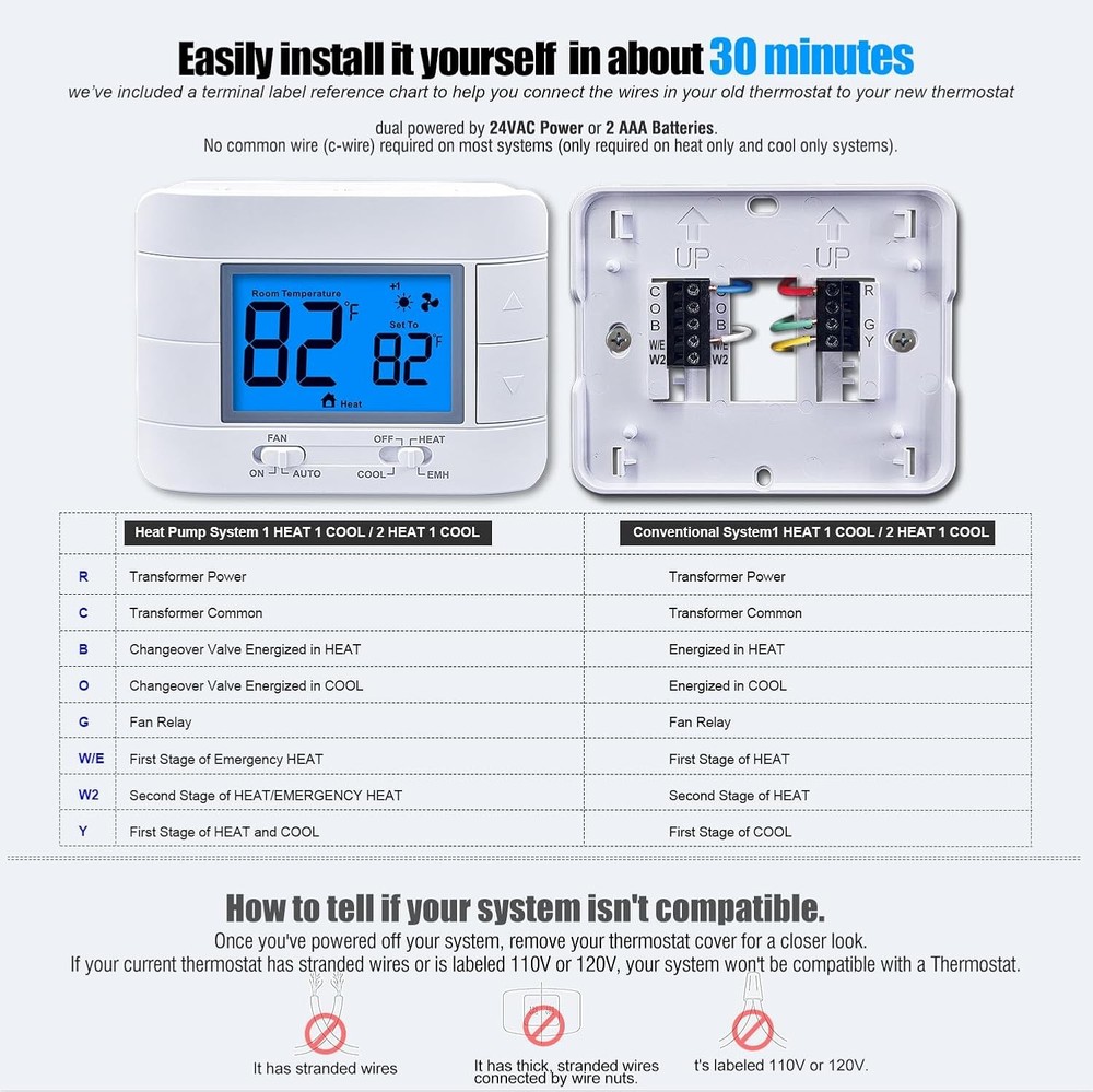 Thermostat Non Programmable Heat Pump for House Blue Backlight