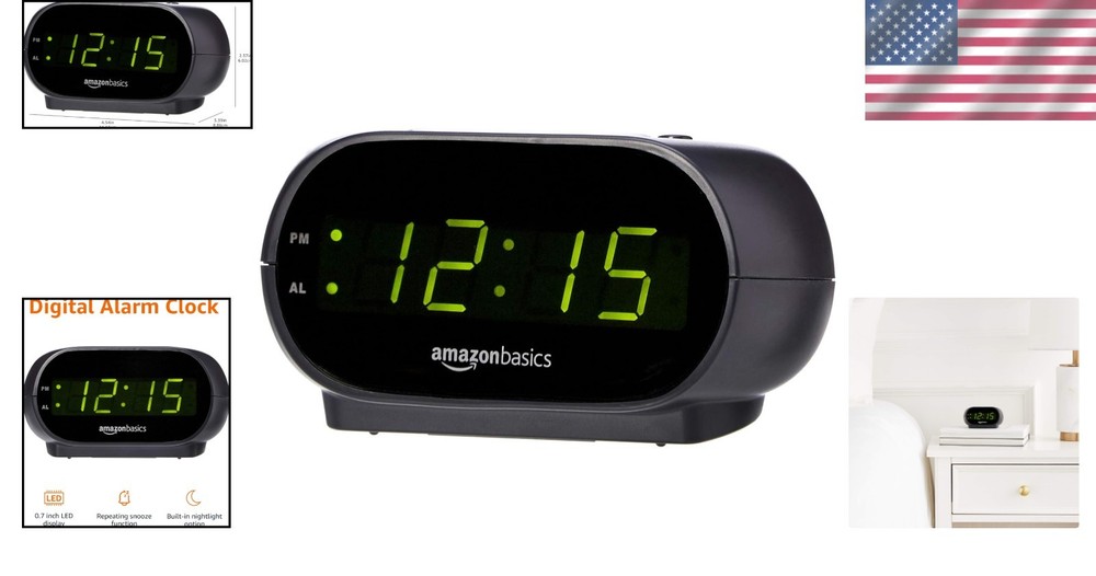 Compact Oval Black Digital Alarm Clock with LED Display & Snooze Functionality