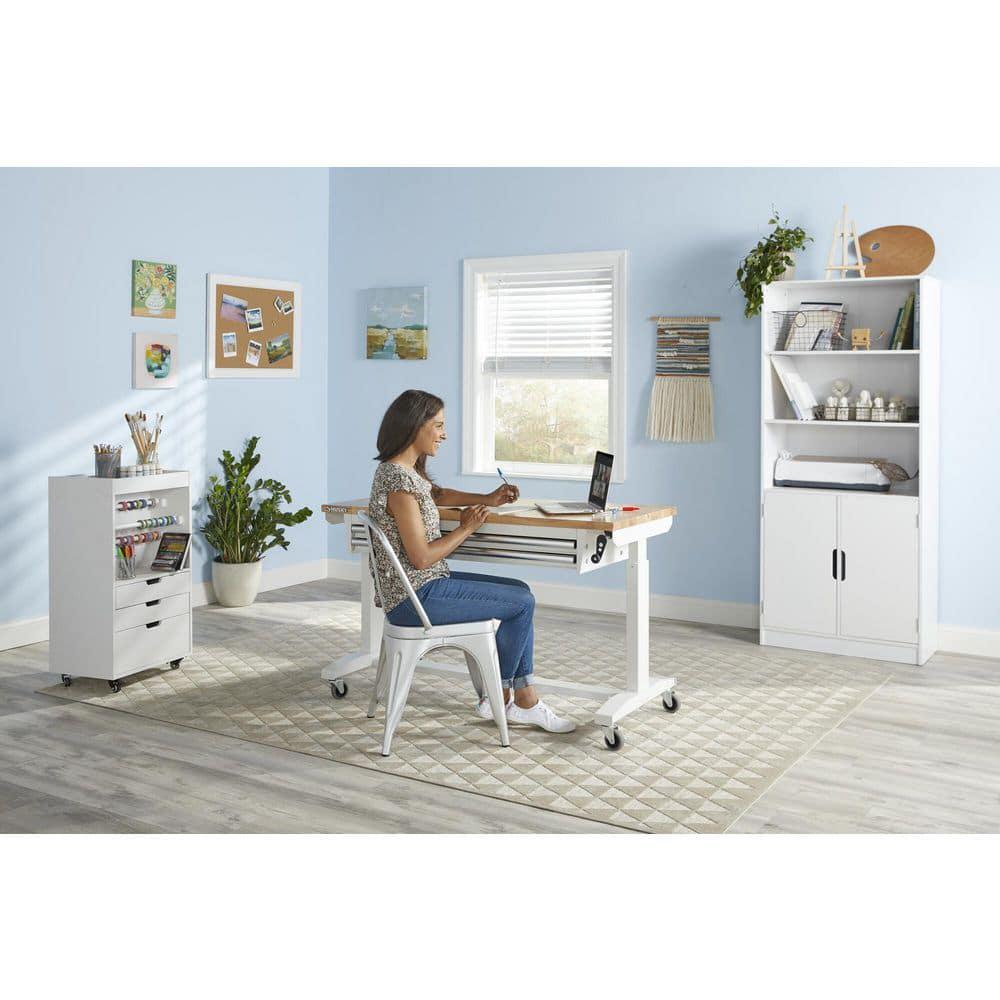 Workbench Table 52 W x 24 Steel 2-Drawer Adjustable Height Solid Wood Top White