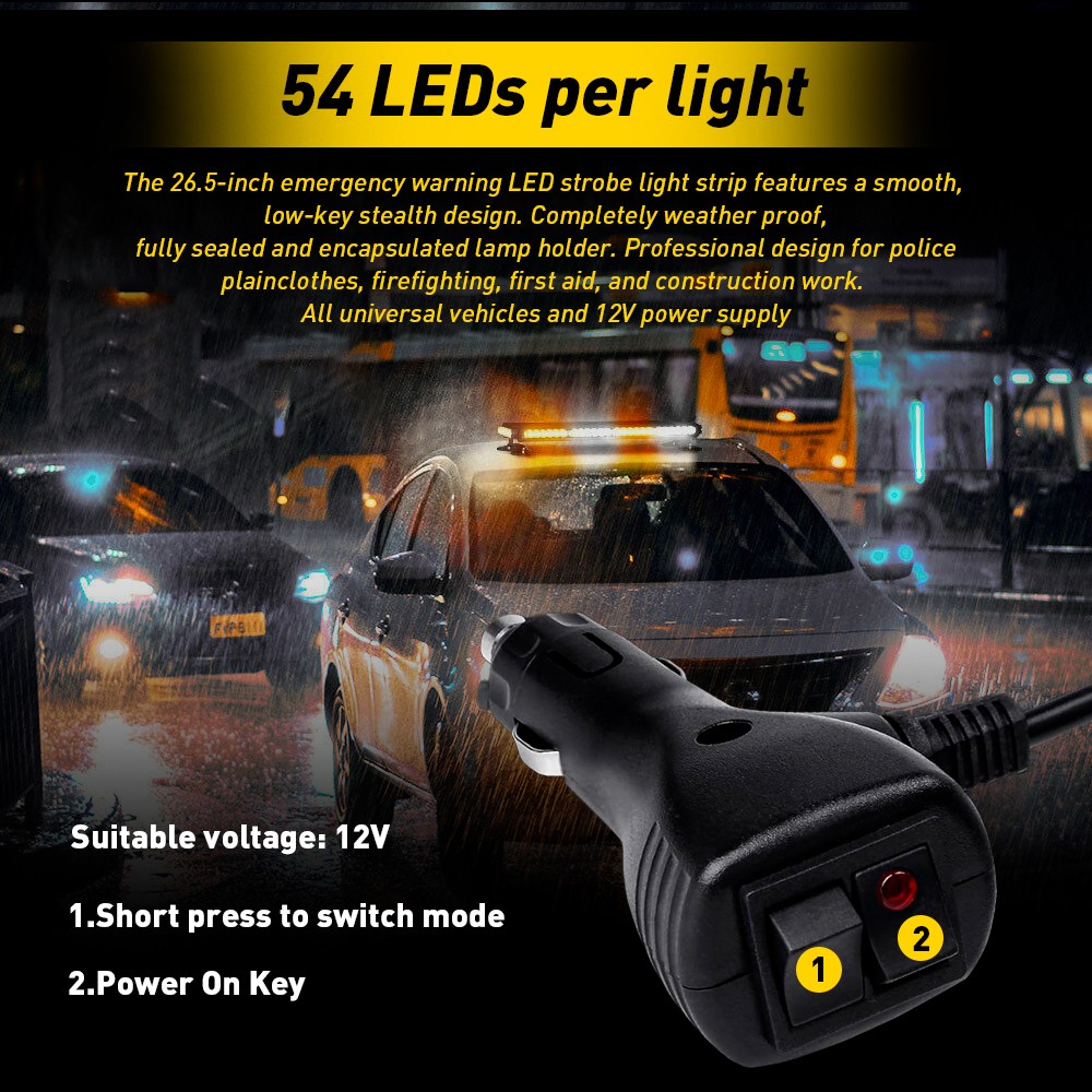 Amber/White 54-LED Emergency Light Bar Rooftop Double Side Strobe Warning Light