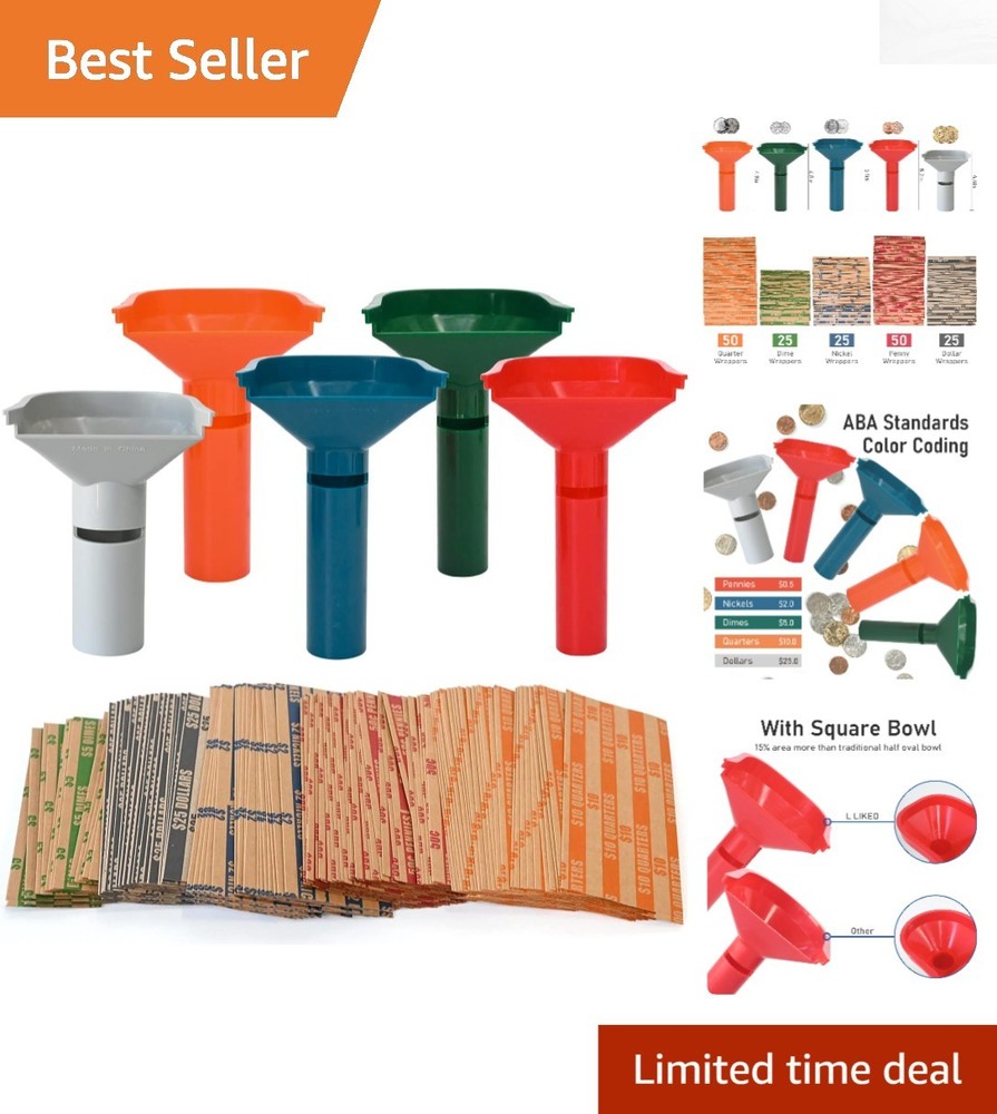 175 Assorted Color-Coded Coin Wrappers & 5 Sorting Tubes for Easy Organizing
