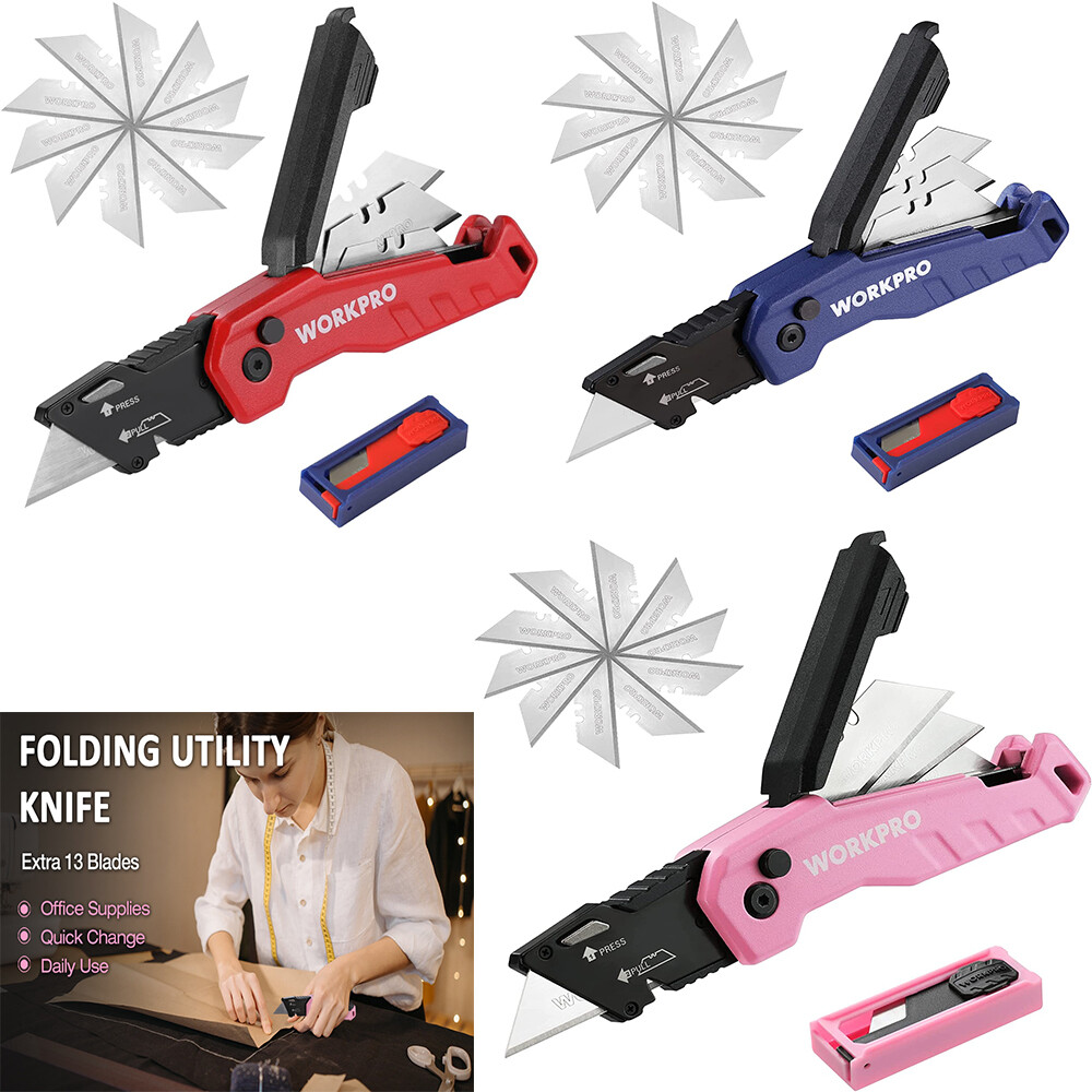 WORKPRO Folding Utility Knife Quick Change Box Cutter Razor Knife Blue/Red/Pink