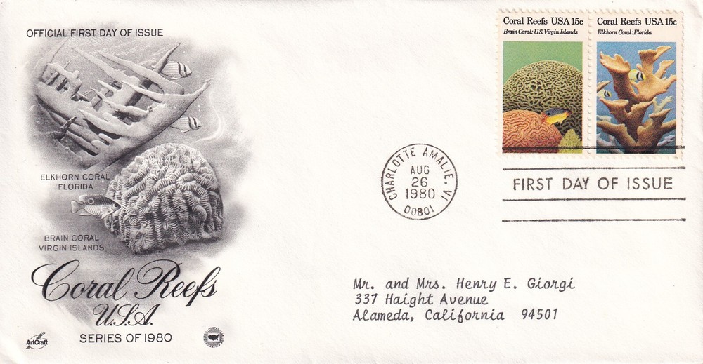 STAMP SCOTT 1827, 1828 "Coral Reefs" 15 CENT 1980 FDC - D