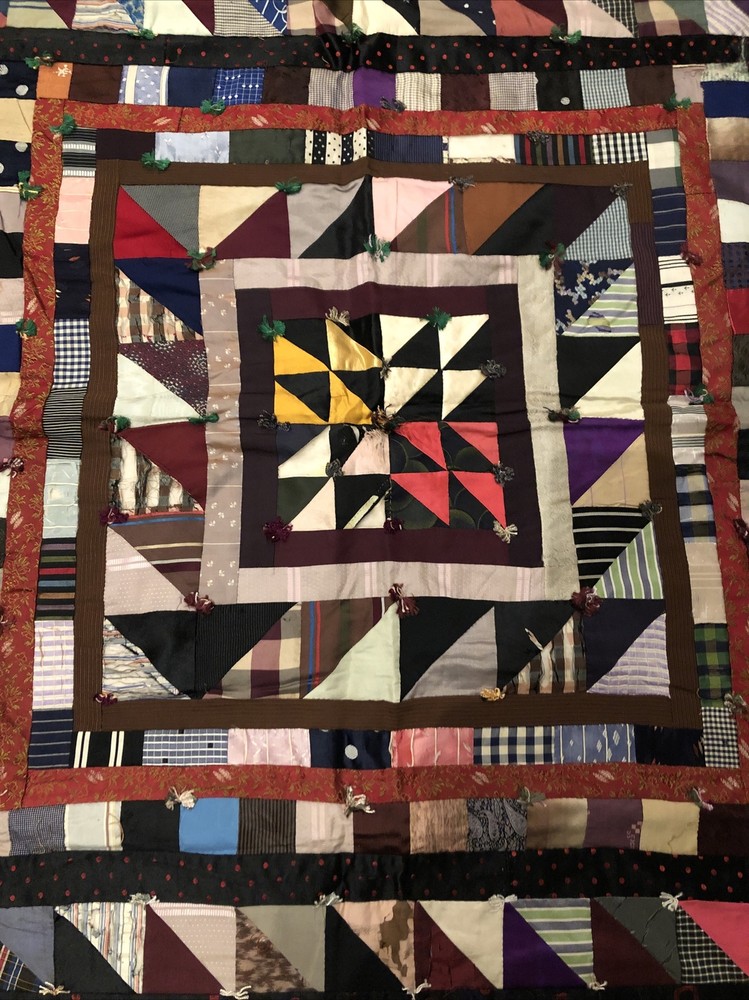 Antique Silk Crazy Quilt With Triangular Border