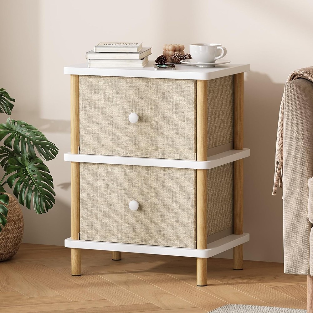 Nightstand W/ 2 Storage Drawers Boho Side Table W/ Solid Wood Legs End Table