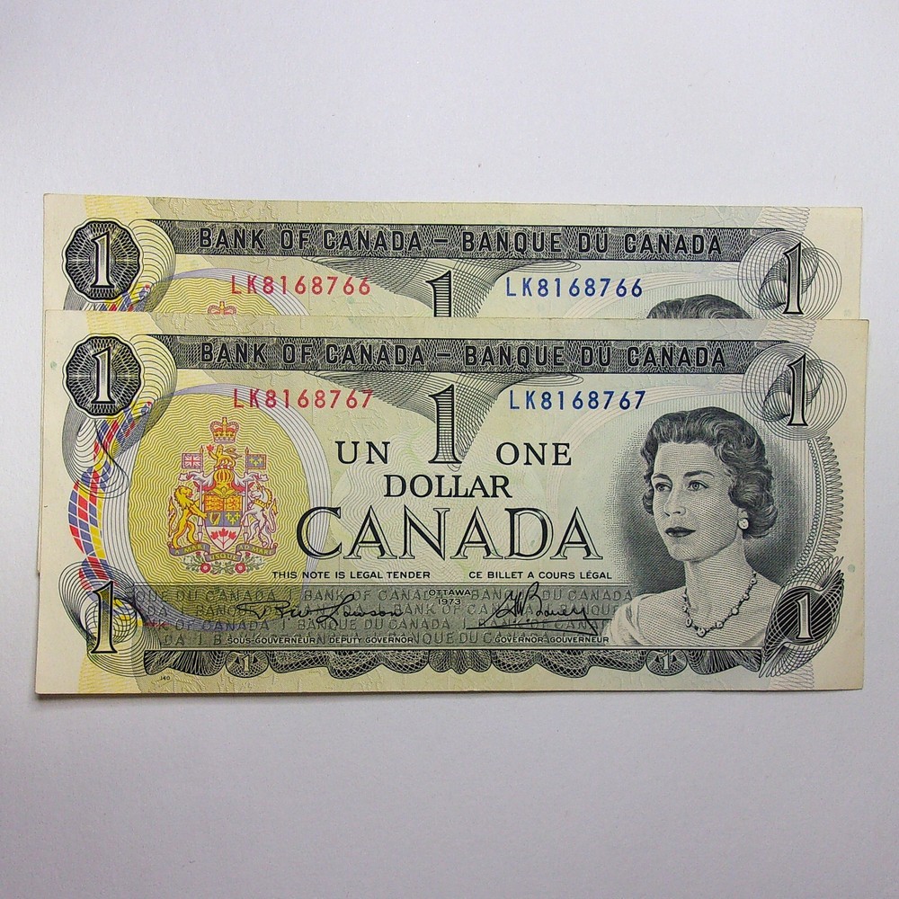 2-1973 $1.00 Bills with Consecutive Serial Numbers Uncirculated Notes Canada