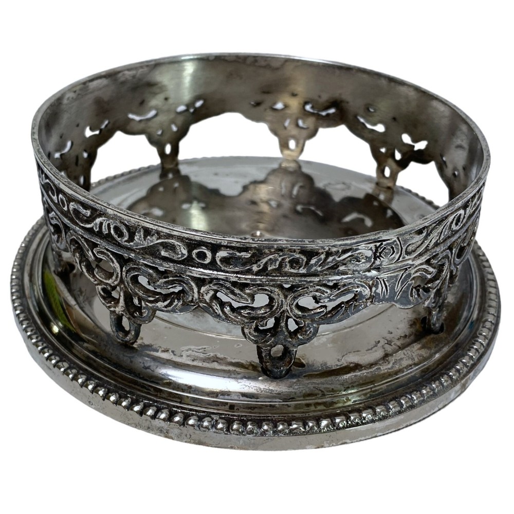MARK ROBERTS Wine Coaster Ornate Bottle Holder Silver Plate