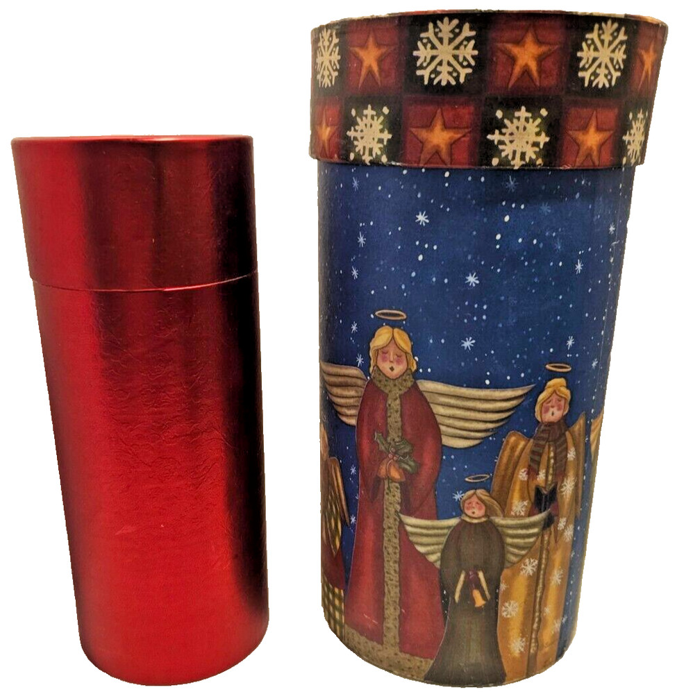 Two Round Christmas Gift Containers, One Angel/ One Solid Red/ Christmas Time!!