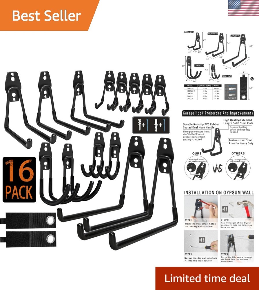 Efficient Storage Solution: 16 Heavy Duty Anti-Slip Garage Hooks for All Needs