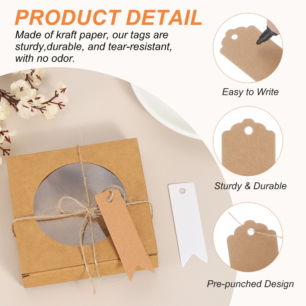 100 Pcs Blank Gift Tags with String, 2.8x0.8" Flag Kraft Tags, Brown