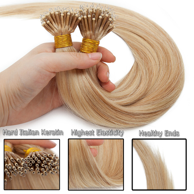 300PCS THICK 100% Remy Human Hair Extensions Nano Ring Tip Micro Loop Beads 150G