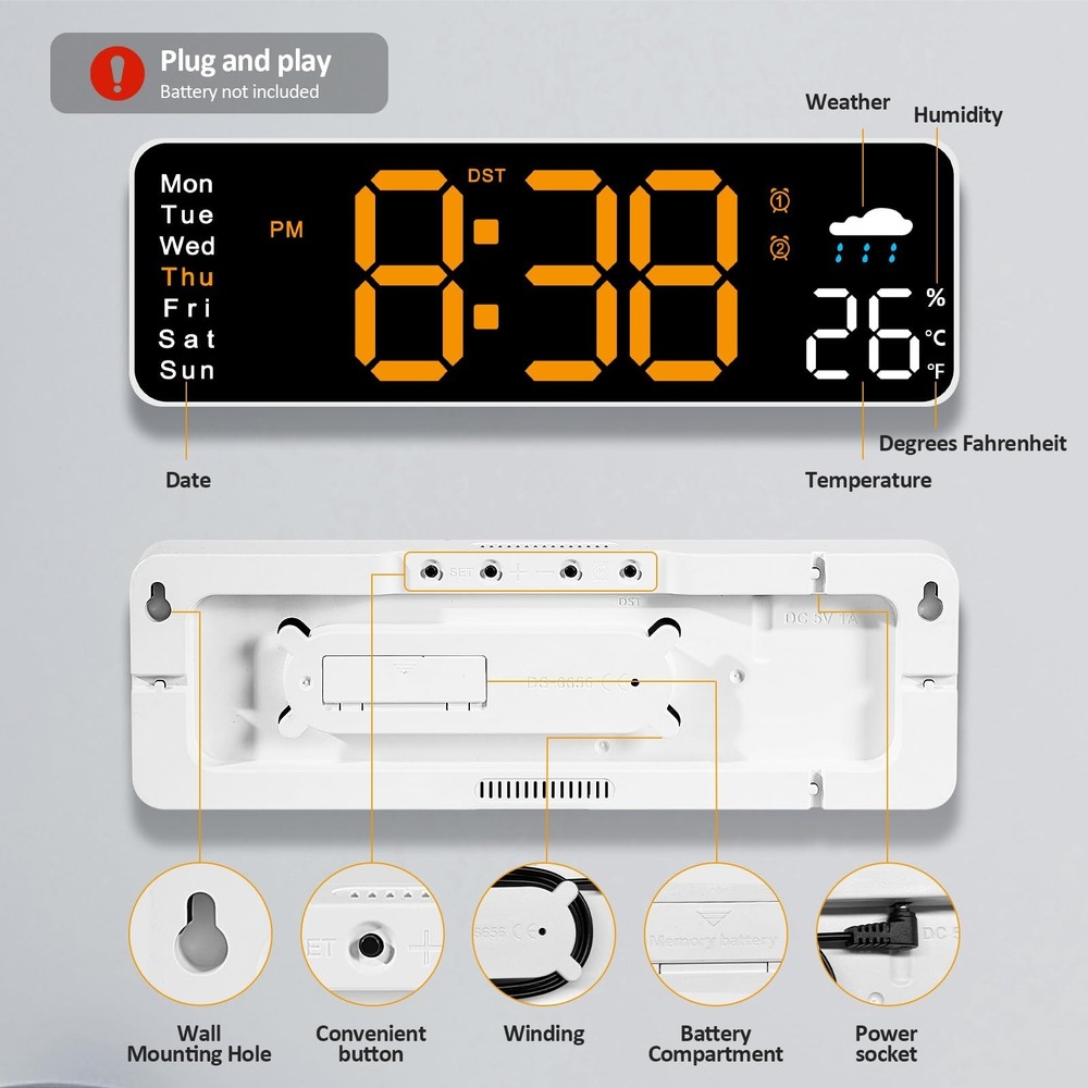 Digital Wall Clock, 12" Digital Clock with Remote Control, Date, Week, Temp, ...