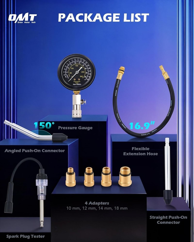 Engine Compression Tester Kit, 9 pc Cylinder Compression Tester Kit with Spar...