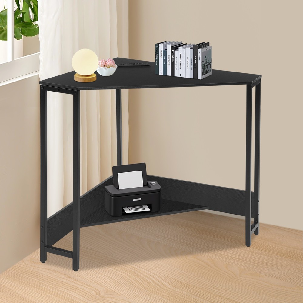 Triangular Corner Desk, Small Desk with Outlets, Free Standing Corner Table