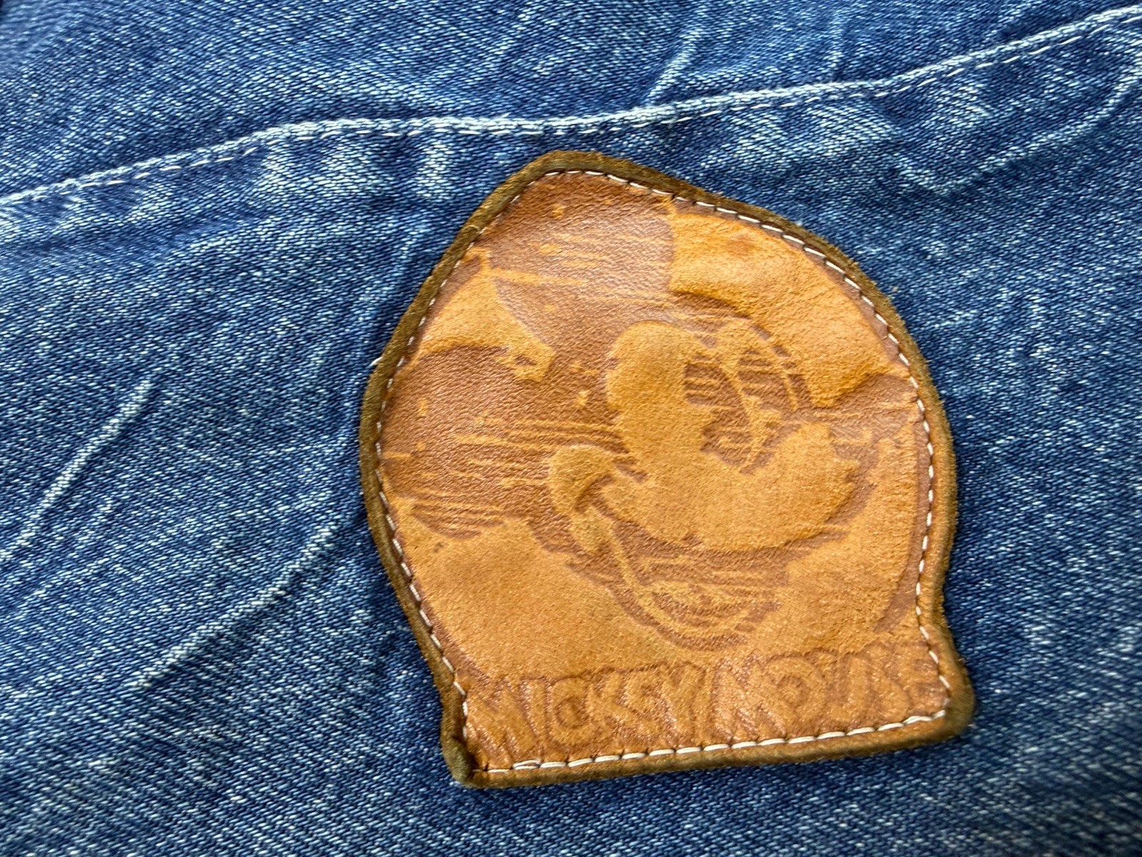 Vtg Mickey Mouse Denim Bag Purse Brown Leather Pouches 90s Disney Core Disneyana