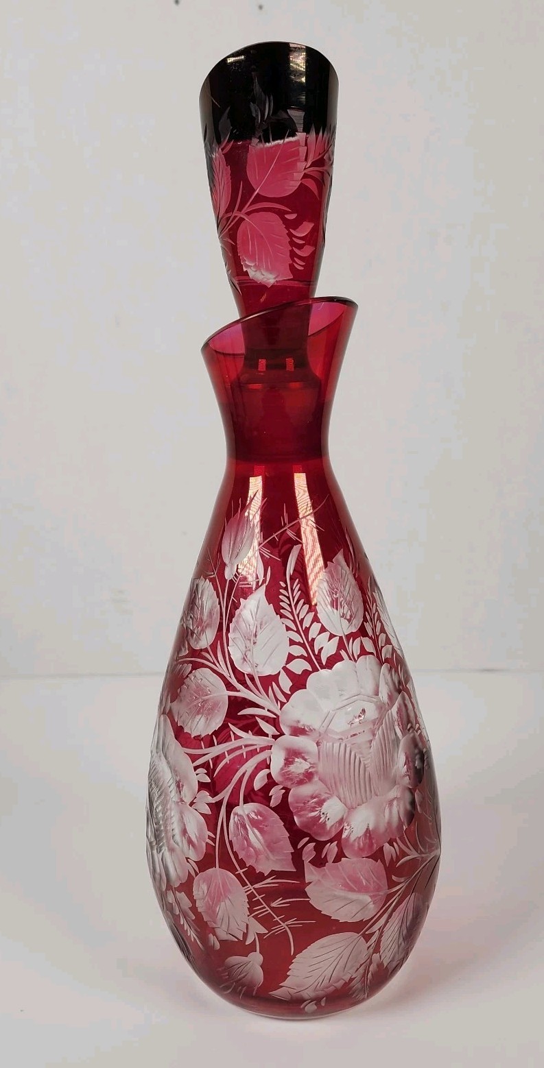 Bohemian Art Glass Ruby Red Liquor Decanter Etched Floral Design Vintage