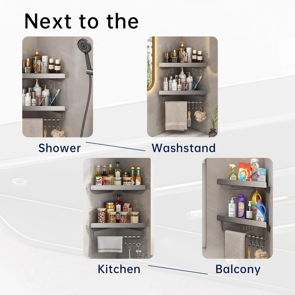Shower Corner Shelf,2 Layer Bathroom Corner Shower Caddies with 4 Hooks, Rust...