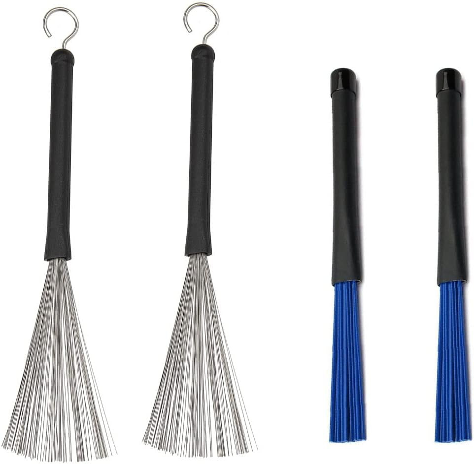 Retractable Drum Brushes Set 1 Pair Drum Wire Brushes and 1 Pair Nylon Brushe...