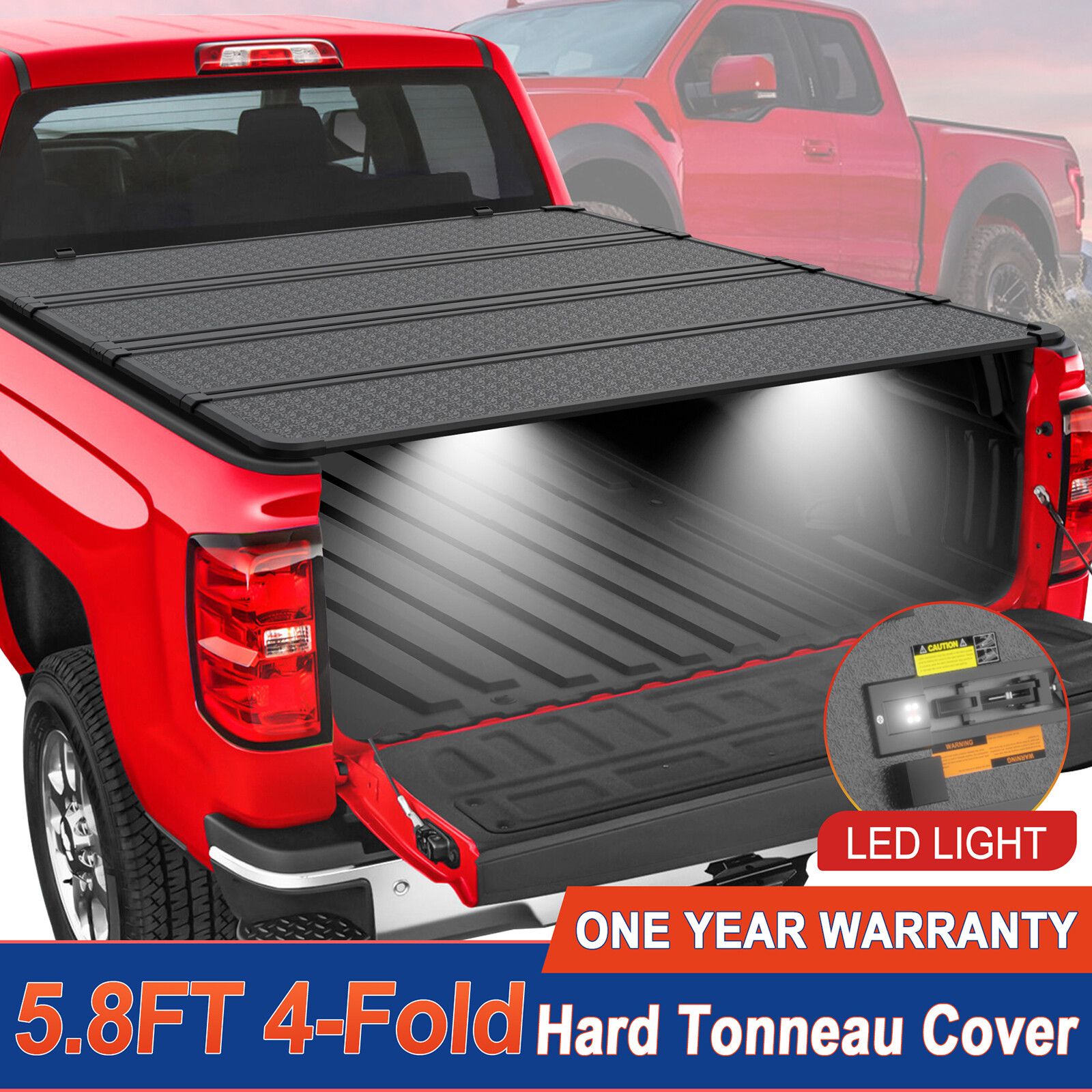 5.8FT 4-Fold Hard Bed Tonneau Cover For 14-18 Chevy Silverado GMC Sierra w/ LED