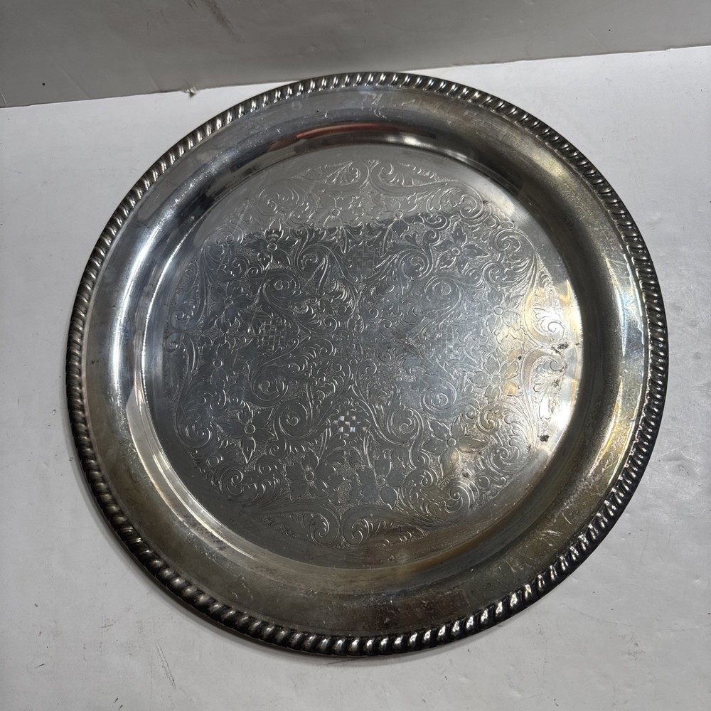 Vintage Silver Plate Serving Tray Floral Pattern 15”