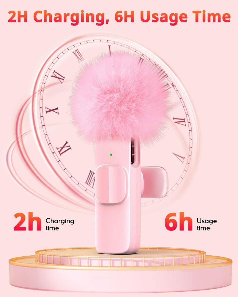 Pink Mini Wireless Microphone for iPhone & Android, Lavalier Microphone with Noi