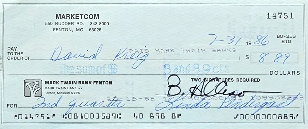 Check/Document - Dave Krieg Seahawks  - autographed signed