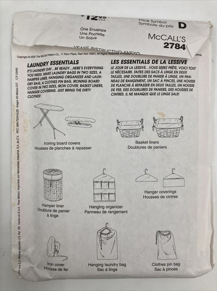 McCalls Pattern For 9 Different Laundry Essentials Items Uncut C13r