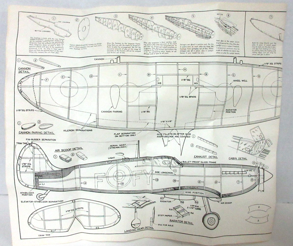 1960's Comet Spitfire IX Balsa Airplane Model Kit #3402 with Instructions